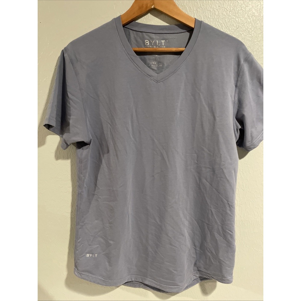 BYLT‎ Shirt Men Medium Blue Drop Cut V Neck Lux Short Sleeve Pullover Gym Casual